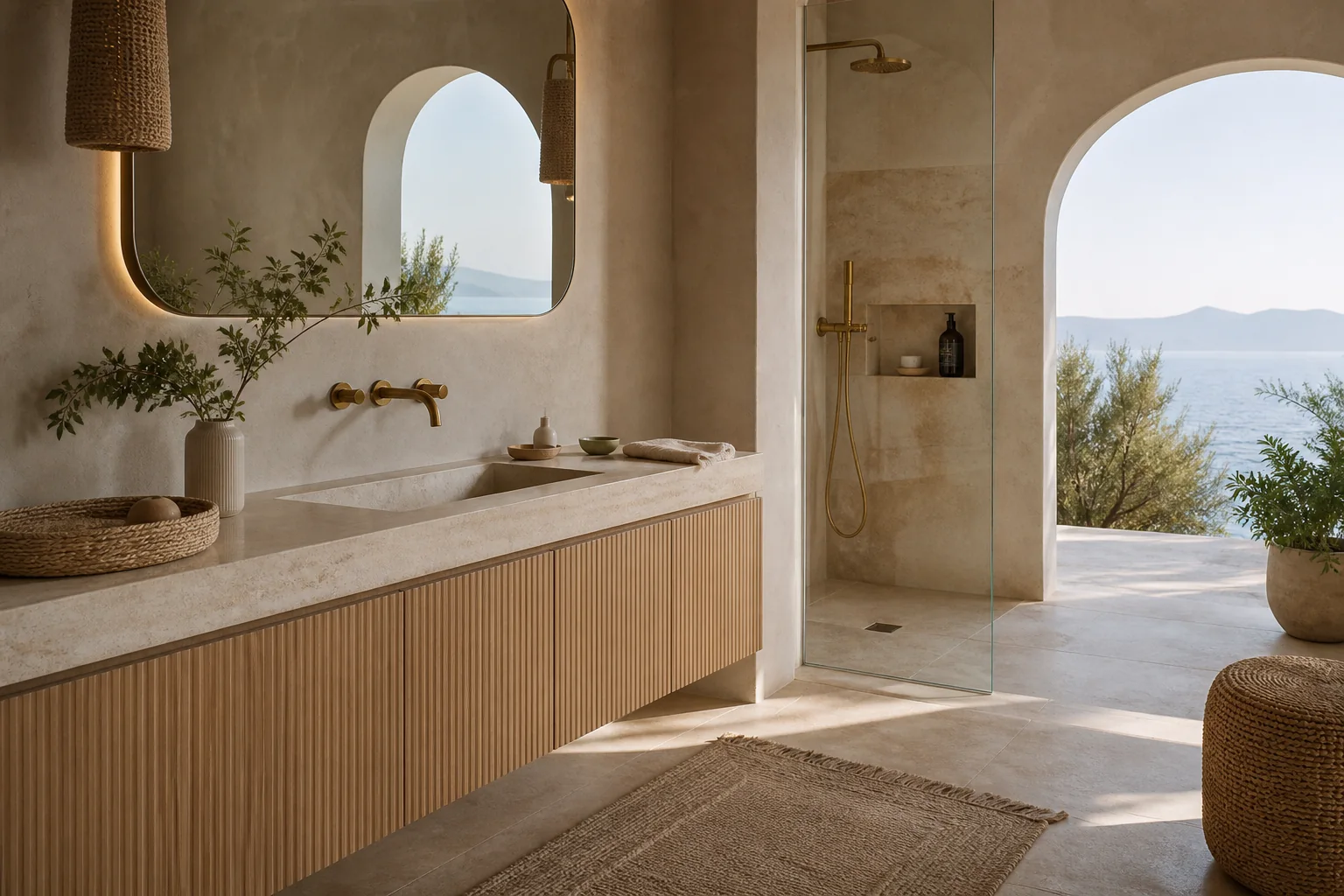 Traverten ve ahşap detaylı özel banyo